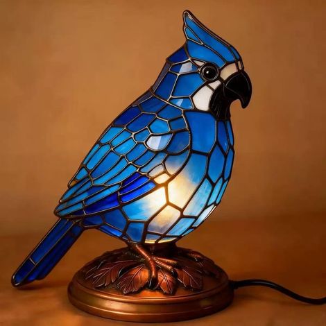 Neue dekorative Tischlampe aus Kunstharz mit Kardinalmotiv, roter Vogel, Tiermotiv - Blaukehlchen -