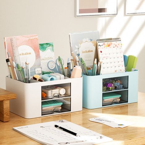 Boîte De Rangement À Tiroir - Boîte De Rangement Pour Fournitures De Bureau Et Scolaires - Avec Compartiments - 19,5 X 14 X 10 Cm - 1 Pièce (1/5)