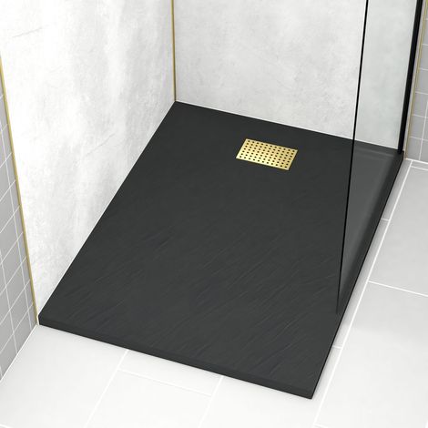 receveur de douche noir effet pierre 90x120 cm et grille décor perforée or doré brossé