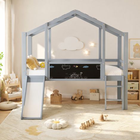 MEUBLIV Letto a soppalco 90x200 cm grigio con scivolo e lavagna, senza materasso (1/5)