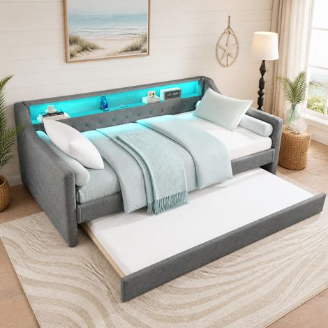 Tagesbett 90x200 cm Leinen Grau mit LED und Ausziehbett, ohne Matratze – MEUBLIV (1/5)