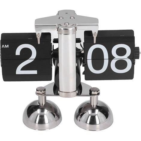 Horloge à quartz à retournement automatique, petite horloge rétro en acier inoxydable avec engrenages internes, mécanisme créatif de bureau, design noir deux pieds (sans piles). (1/5)