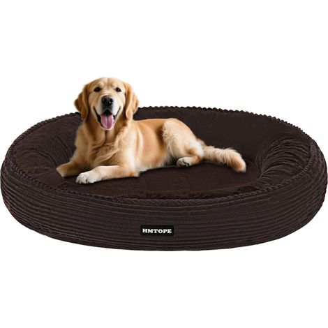 Lit pour chien de grande taille - Lavable et confortable - En velours côtelé - Donut - Canapé pour chien - Amovible et antidérapant - Diamètre 100 cm - Marron (1/5)
