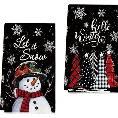 Torchon Noel, 2 Pièces Torchons de Cuisine Noël 18 x 26 Pouces Torchon Vaisselle Noel Mignon Torchon de Noel Vintage pour Les Articles Ménagers de Noël (Noir) (1/5)