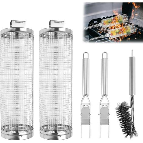Panier Barbecue Roulant - Lot de 2 - Acier Inoxydable - Cuisson Uniforme - Pour Légumes et Viandes - Avec Brosse (1/5)