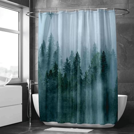 Rideau de douche imprimé forêt embrumée – Style nature, 90x180 cm (1/5)