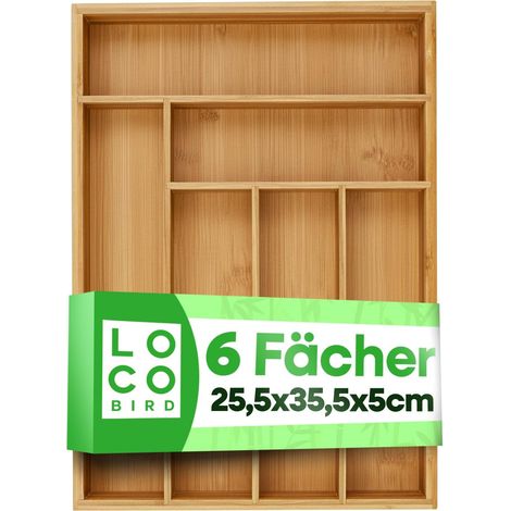 Range Couverts pour Tiroir en Bambou, 6 Compartiments - Rangement Couvert Tiroir Cuisine Bois 25,5x35,5x5 cm - Organiseur Bambou Cuisine - Bac Bois Naturel (1/5)