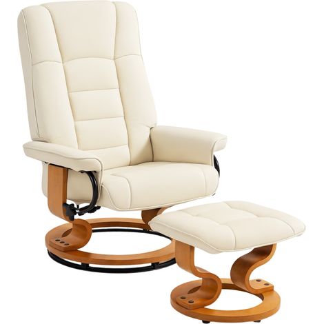 Poltrona relax reclinabile con poggiapiedi, girevole, struttura in legno, rivestimento sintetico color crema.