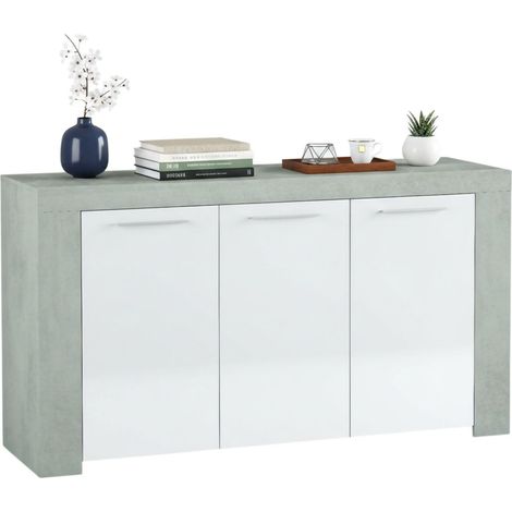 Dmora Buffet haut Bellevue, Buffet moderne à 3 portes, Buffet du salon, Meuble TV, Buffet pour le salon, cm 144x42h80, Béton et Blanc, avec emballage renforcé