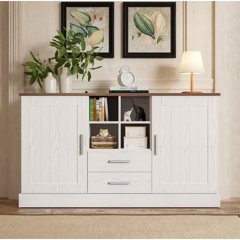 Credenza in legno truciolare bianco e marrone effetto venatura 140x40x79,5 cm con 2 ante, 2 cassetti e 4 vani aperti (1/5)