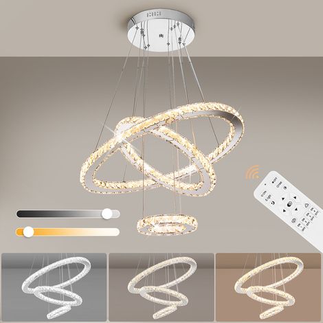 Lustre plafonnier LED en cristal 60 W – Design moderne à 3 anneaux, télécommande, éclairage LED 3 couleurs pour chambre et salle à manger