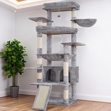 Arbre à Chat XXL de 202 cm avec Plateformes Surdimensionnées, Cabane, Panier et Poteau en Sisal à Gratter, pour Grands Chats, Aménagement Multi-Niveaux, Gris Clair HCT038W (1/5)