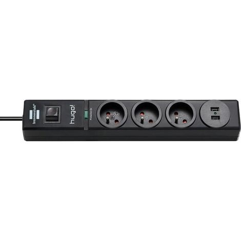 Steckdosenleiste mit Überspannungsschutz und USB-Ports HUGO 2m Kabel H05VV-F 3G1,5 3 Steckdosen – Schwarz