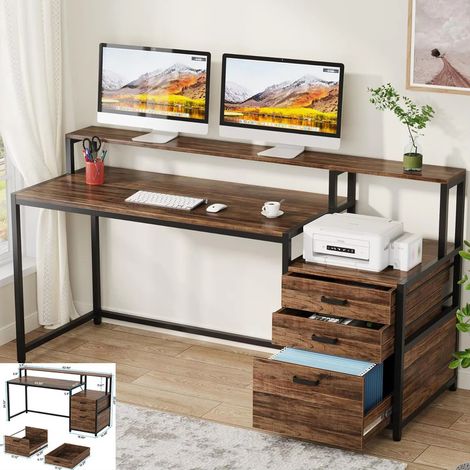 Bureau informatique en L 53 pouces – meuble de bureau style industriel – 3 tiroirs de rangement – pour petits espaces