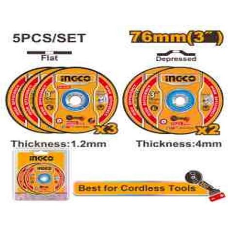 Pack de 5 disques de coupe pour métal 76 mm - Alésage: 10mm - 3 disques plats ép 1.2 mm + 2 disques déportés ép 4.0mm - INGCO