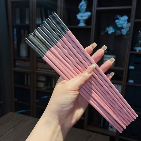 Lot de 5 paires de baguettes chinoises réutilisables, baguettes en alliage lavables à l'eau, pour un usage domestique，(Longueur : 24,3 cm) (1/5)