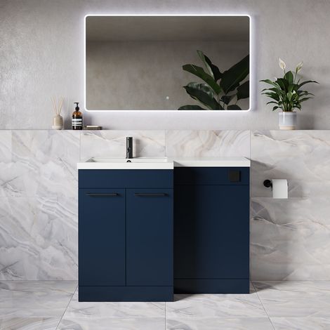 Napoli 390 Deep Blue 1100mm 2 Door Vanity Unit Toilet Suite with Square Left Hand Lucia Basin - 1100mm - Matt Black 160mm HandleWithout Kingston Toilet Pan