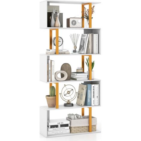 GOPLUS Bibliothèque Géométrique à 5 Étagères 70x24x157CM-Étagère d'Exposition en Forme de S avec Kits Anti-basculement (1/5)