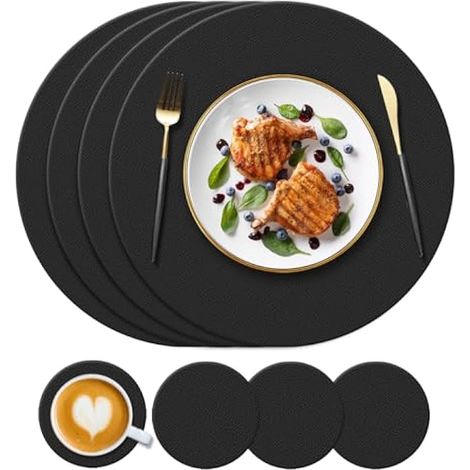 Ein Set aus 4 runden Silikon-Tischsets (34 cm) und Untersetzern (10 cm), hitzebeständig bis 232,2 Grad Celsius, rutschfest und abwaschbar, perfekt für Restaurants, Hotels und Küchen.