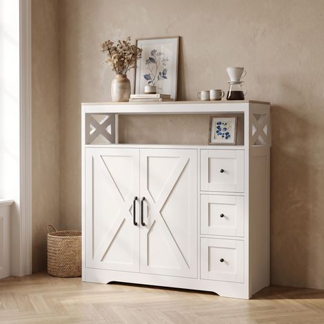 Buffet de Cuisine 100x40x105 cm avec 3 Tiroirs et 2 Portes, Meuble de Rangement avec Étagère Ouverte, Style Campagne en Bois, Blanc (1/5)
