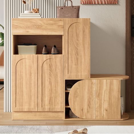 Zapatero con banco (130x35x110.5 cm), gran almacenaje, con cajón y 5 puertas, MDF, natural (1/5)