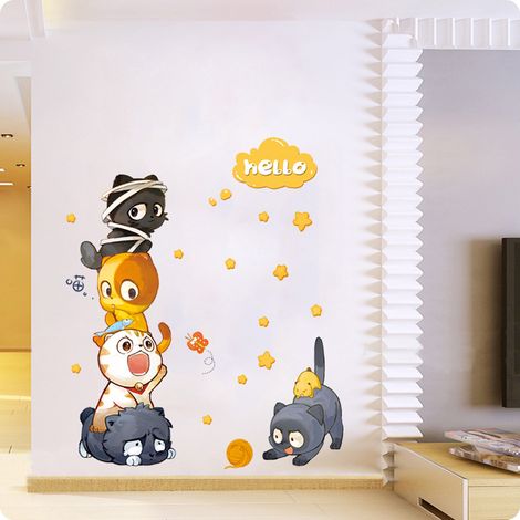 BEBUSINGOTO Super süße Katze Wandaufkleber Cartoon Tier Wandtattoos Schlafzimmer Wohnzimmer TV Wand Tür Dekor Wandbilder (1/5)