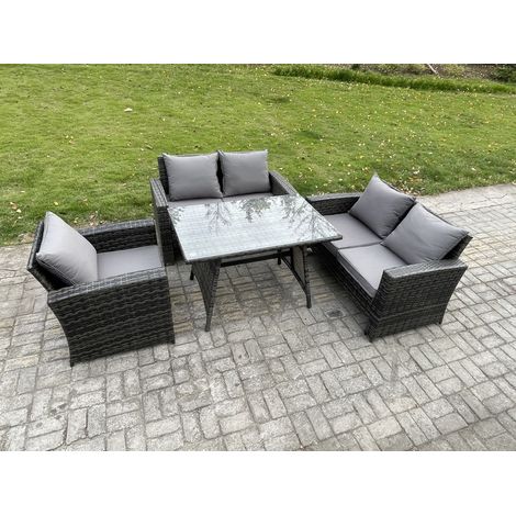 Fimous 5 Seater Wicker PE Rattan Garden Dining Set Outdoor Furniture Sofa with Rectangular Dining Table Double Seat Sofa Dark Grey Mixed (1/5)