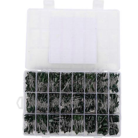 Kit 700 pièces 24 types condensateurs film polyester verts 0,22nF-470nF 100V, boîte de rangement incluse (1/4)