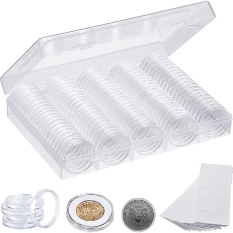 100 pièces capsules de monnaie en plastique transparent pour protéger les capsules de pièces de monnaie avec joint en mousse avec boîte de rangement en plastique pour fournitures de collection (1/5)