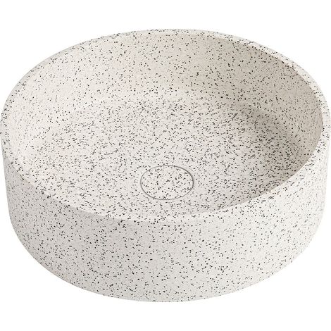 Vente-Unique – Vasque à poser en terrazzo blanc 39 cm – Forme ronde – Épaisseur 13 mm – Finition poli – Pour salle de bain moderne