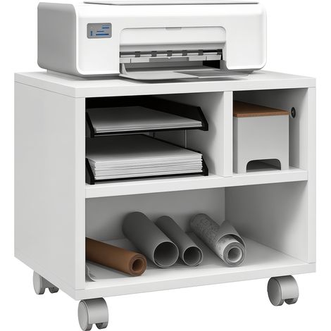 Supporto per stampante Irovami a 3 scomparti bianco con ruote, dimensioni 40x30x36 cm, carico 40 kg, 2 freni, per ufficio e casa