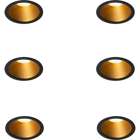 QAZQA Set van 6 moderne inbouwspots zwart met goud GU10 35mm IP44