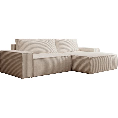 Canapé d'angle droit convertible en velours côtelé grosses côtes beige AMELIA (1/5)