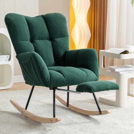 Poltrona a dondolo in tessuto teddy verde 80x98x98,5 cm con poggiapiedi estraibile (1/5)