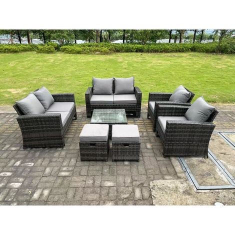 Fimous 8 Seater Dark Grey Mixed High Back Rattan Sofa Set Square Coffee Table Garden Furniture 2 Seater Sofa Chairs Outdoor Patio Stools (1/5)