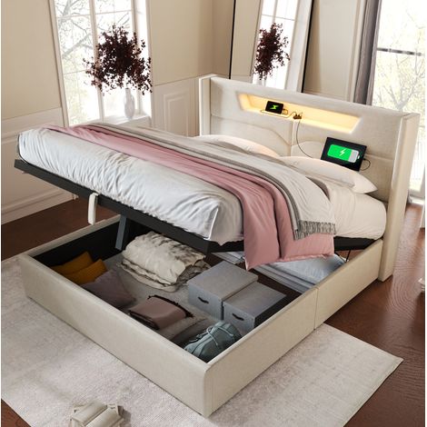 Letto con contenitore in tessuto di lino beige 160x200 cm con LED, USB e Type-C, rete a doghe inclusa (1/5)