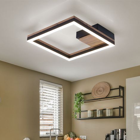 Plafoniera LED legno soggiorno plafoniera design nero, metallo MDF, 12W 600Lm bianco caldo, LxLxH 27x27x5,4 cm