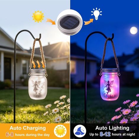 Set mit 2 LED-Solar-Lichterlaternen für den Außenbereich, IP65 wasserdichte Solar-Gartenleuchten im Einmachglas-Design, hängende Solarleuchten für Terrasse, Garten, Rasen und Balkon (bunt) (1/4)