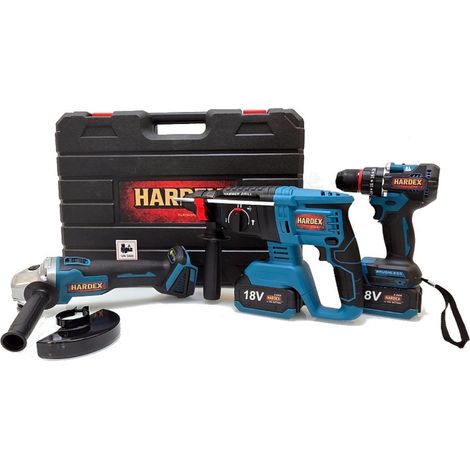 Kit 3 en 1 HARDEX: Taladro atornillador de 45 Nm, taladro percutor SDS+ de 26 mm, amoladora angular de 125 mm, 2 baterías de 4,0 Ah (1/5)