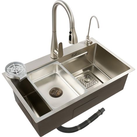 Fregadero de cocina empotrable de 75 x 45 x 22 cm - Fregadero de encimera de acero inoxidable 304, fregadero de cocina de una sola cubeta con grifo extraíble, acabado en acero inoxidable (1/5)