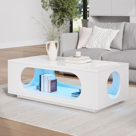 Table de canapé LED blanche 100x50x35cm, MDF brillant, commandée via appli, capacité 30kg, table basse ajourée à grand rangement, table d'appoint lumineuse