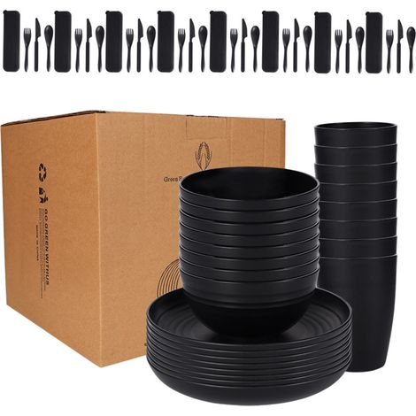Ensemble de vaisselle 28 pièces comprenant un bol, une tasse, un couteau, une fourchette et une cuillère en plastique. (1/5)