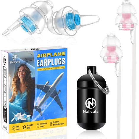 Bouchon Oreilles Avion avec Cordon de Sécurité[2 Paires] - Anti pression, Préviter douleurs auditives et filtre les Bruit Génants 25dB, Réutilisables boule quies de voyagede pour 12+ (1/5)