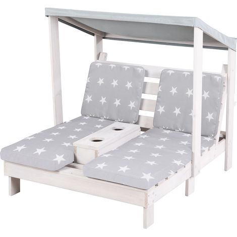 Double Chaise Longue pour Enfants avec Coussins Déhoussables - Porte Gobelet et Pare-Soleil - Supporte Jusqu'à 100 kg - Bois Gris Résistant aux Intempéries (1/5)