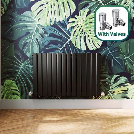 ELEGANT Modern Black Flat Panel Central Heating Radiator 600 x 952mm Horizontal Single Panel Rads + Chrome Angled Radiator Valves