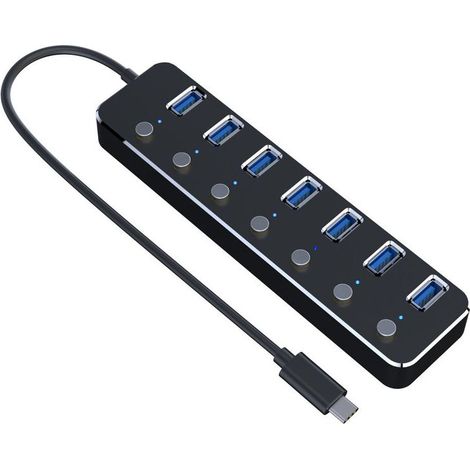 USB 3.0 hub, 7-port USB hub/adapter with independent power on/off button.