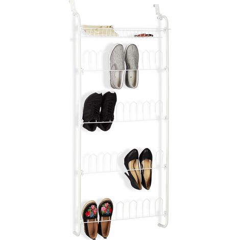 Relaxdays Tür-Schuhregal, 12 Paar, Korb, zum Einhängen, Schuhablagen auf 4 Ebenen, Eisen, HBT: 144 x 60 x 19 cm, weiß