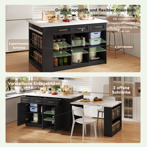 Îlot de cuisine multifonctionnel avec table à manger extensible noire de 150 cm + 96 cm, plan de travail/table en bois marbré blanc, placards de rangement intégrés, idéal pour les cuisines familiales (1/5)