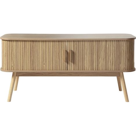 Calicosy – Meuble TV 2 portes coulissantes 120 cm – Décor chêne – Poignée en bois véritable – 4 pieds en bois – Séparation verticale (1/5)