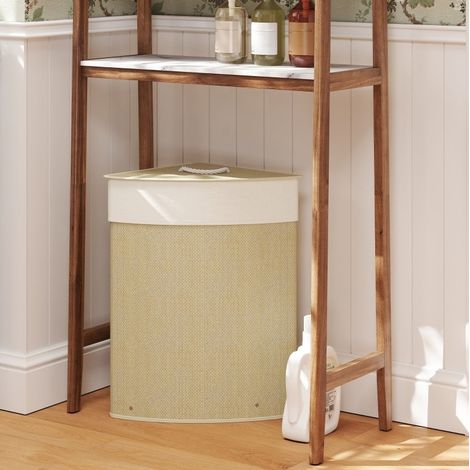 Eck-Wäschekorb 55 L aus Bambus, mit Stoffbeutel, Deckel und Metallgestell, cremefarben OKMYHOME (1/5)